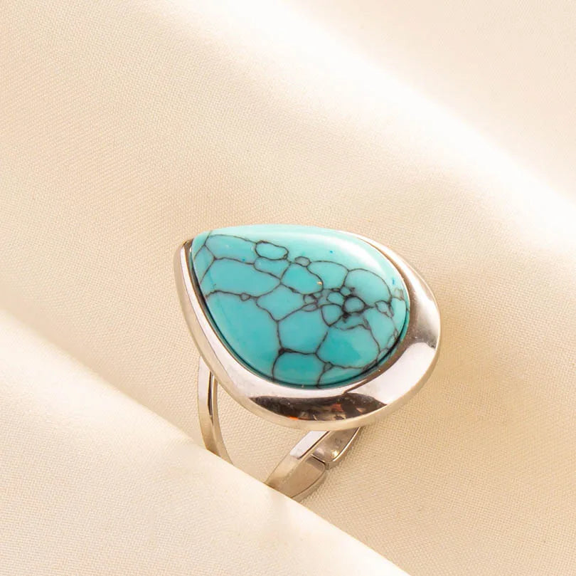 1pc Boho Turquoise Ring Stainless Steel Light Blue Gemstone Silver Adjustable Ring