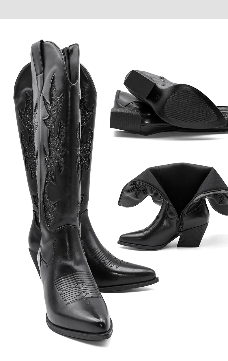 Embroidered Western Cowgirl Boots, Pointed Toe, Thick Heel,  Knee High Boots