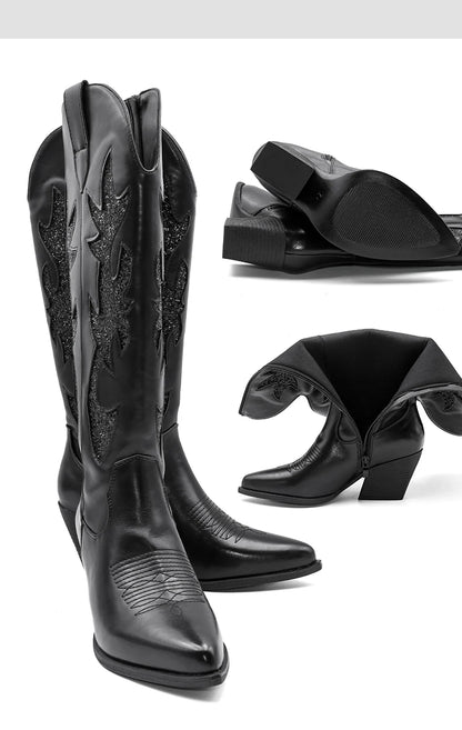 Embroidered Western Cowgirl Boots, Pointed Toe, Thick Heel,  Knee High Boots