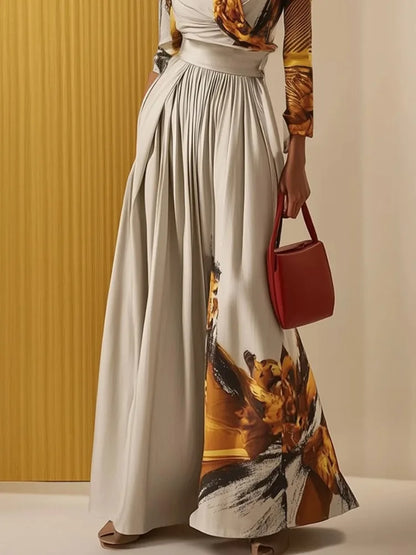 Sizes to 2XL Women's Slim Fit Jumpsuit V-neck Long Sleeves High Waist and Extra Wide Legs