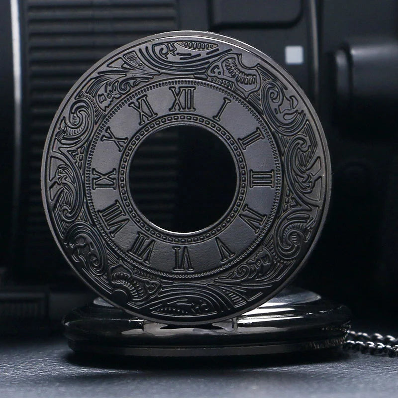 Vintage Charm Black Unisex Fashion Roman Numeral Quartz Steampunk Pocket Watch with Necklace chain