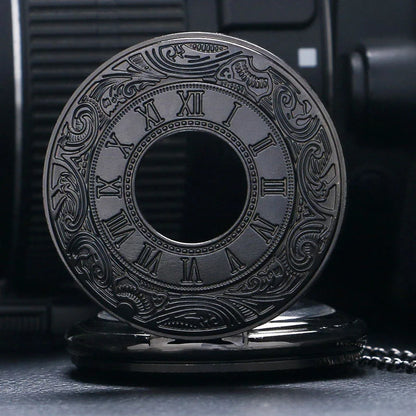 Vintage Charm Black Unisex Fashion Roman Numeral Quartz Steampunk Pocket Watch with Necklace chain