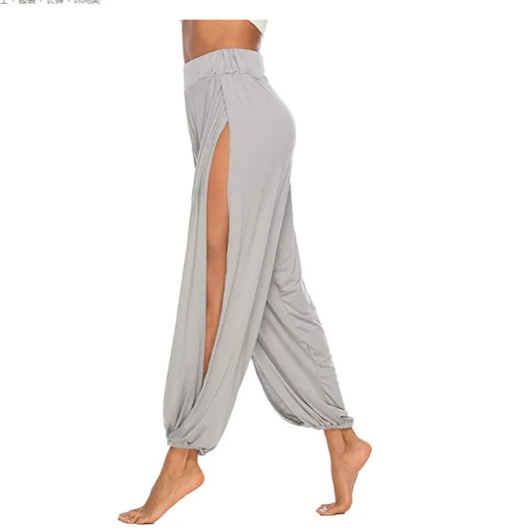 Boho Pants Elastic Waist Women's High Split Hippy Casual Pants, High Waisted