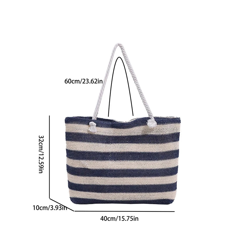 Woven Straw Shoulder Bag Large Capacity Striped 2 Handle Shoulder Bag