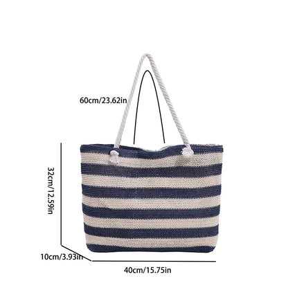 Woven Straw Shoulder Bag Large Capacity Striped 2 Handle Shoulder Bag