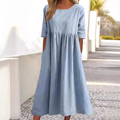 Cotton and Linen Casual Short Sleeves, Pockets, Loose Round Neck