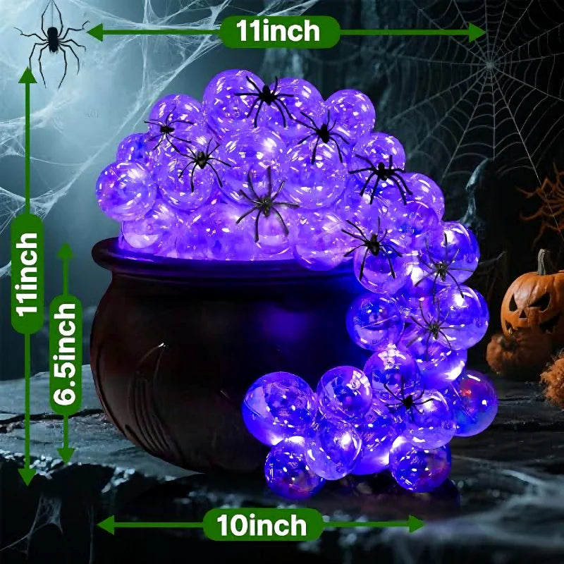 Indoor Halloween DIY Bubbling Witch Cauldron. Consists of 1 witch cauldron, cotton filling, 40 clear balls, and a string of twinkling lights, glue, and 10 simulated spiders.