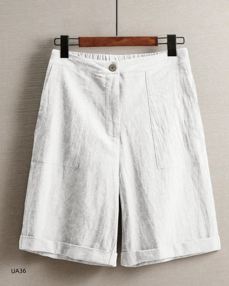 Casual Cotton Linen Knee-Length Shorts, Elastic Waist, Bermuda Shorts with Pockets, in 5 Colors