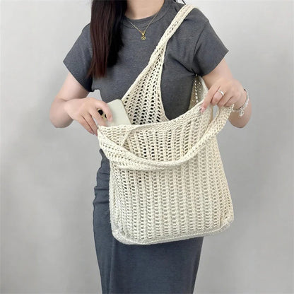 Solid Color Large Boho  Knit Shoulder Bag Crochet Tote