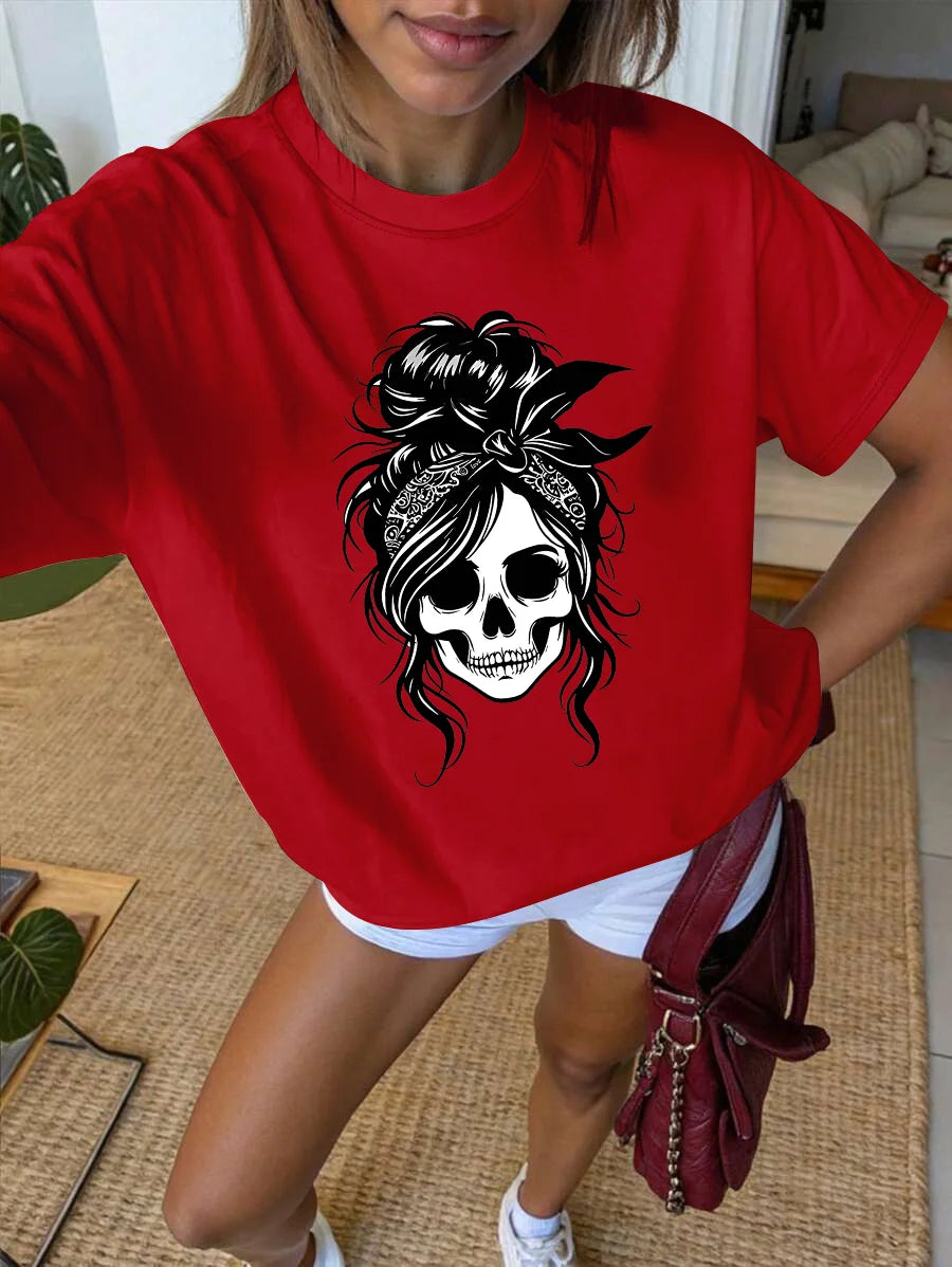 Sizes to 3XL Women's Casual T-Shirt - white skull with an Updo, black tee shirt