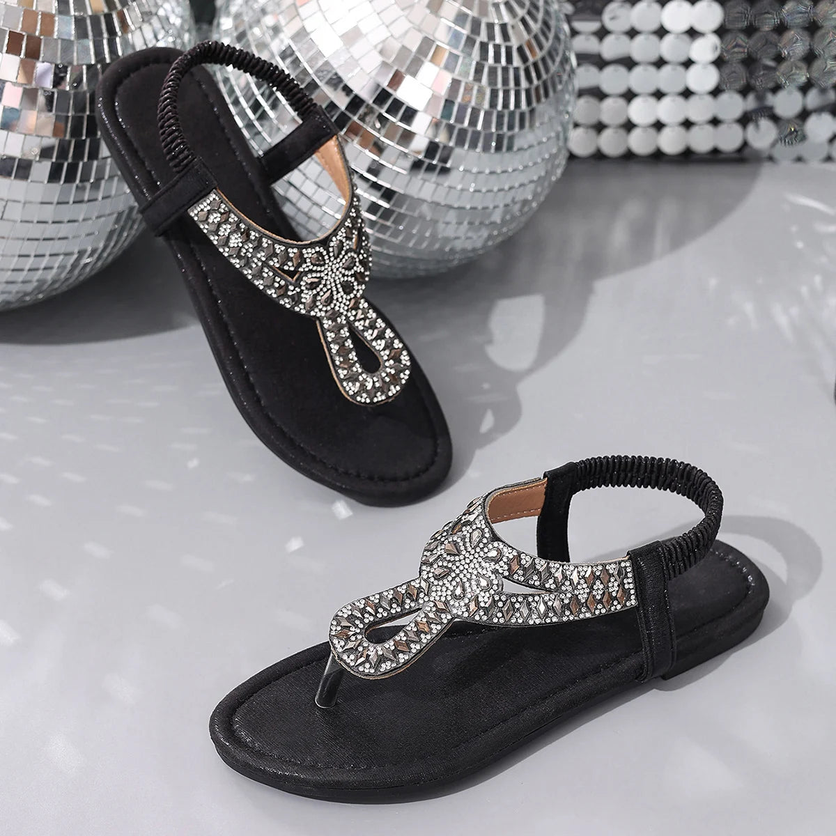 Boho Style Crystal Clip Toe Flat Sandals Back Elastic Strap