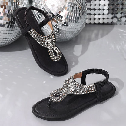 Boho Style Crystal Clip Toe Flat Sandals Back Elastic Strap