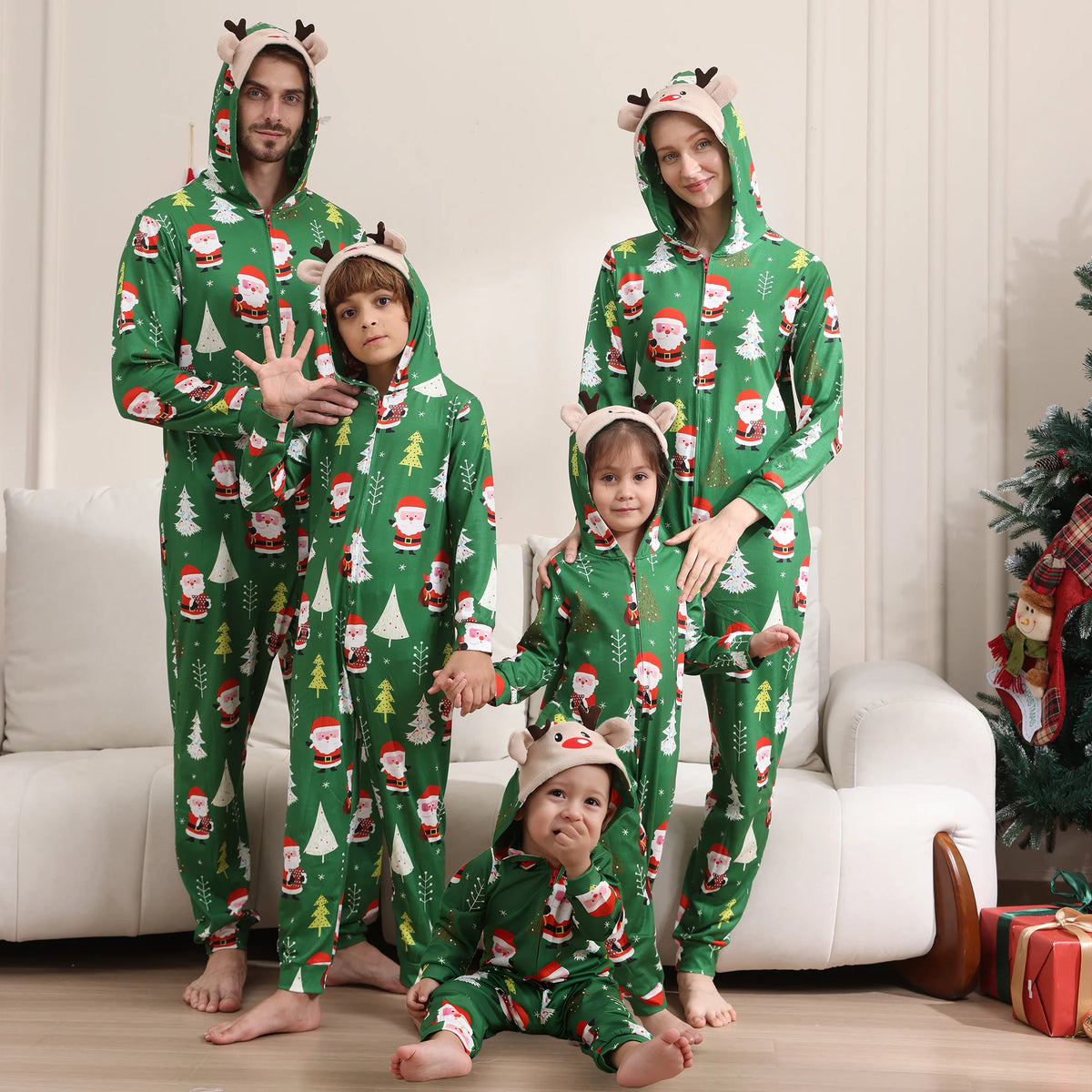 Family Rompers pajamas, hooded, zipper front, long sleeves and long pant legs, Comes in Red and Green