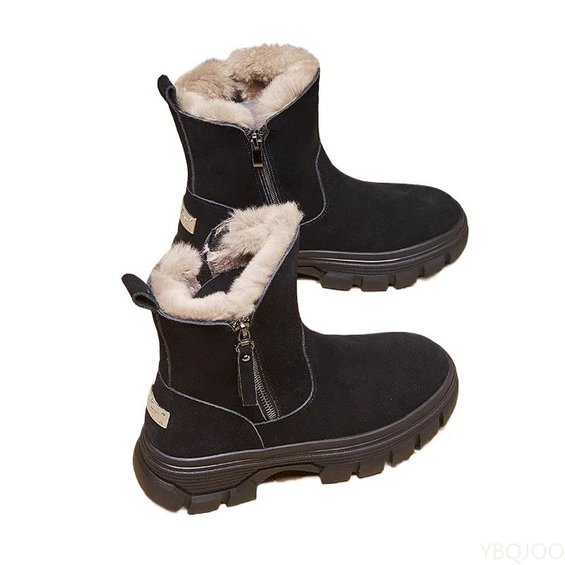 Thick cotton-lined snow boots with side zipper, weather-resistant, anti-slip, and  versatile short boots