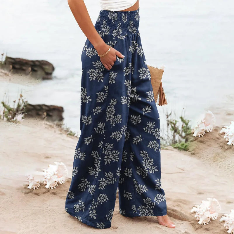 Sizes to 5XL  Bohemian Floral printed, wide leg pants, elastic waist, casual pants with pockets