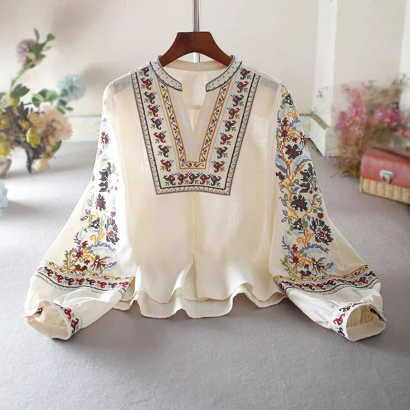 Artistic Retro Long Sleeve Embroidered Floral Casual V-neck Pullover