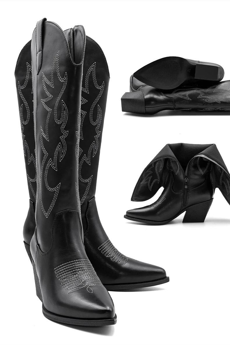 Embroidered Western Cowgirl Boots, Pointed Toe, Thick Heel,  Knee High Boots