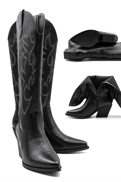 Embroidered Western Cowgirl Boots, Pointed Toe, Thick Heel,  Knee High Boots