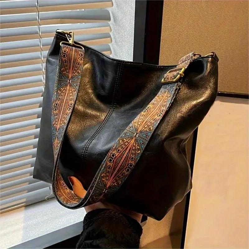 Boho Chic Faux Leather Shoulder Bag Large Capacity Crossbody Tote with Vintage Wide Adjustable Strap