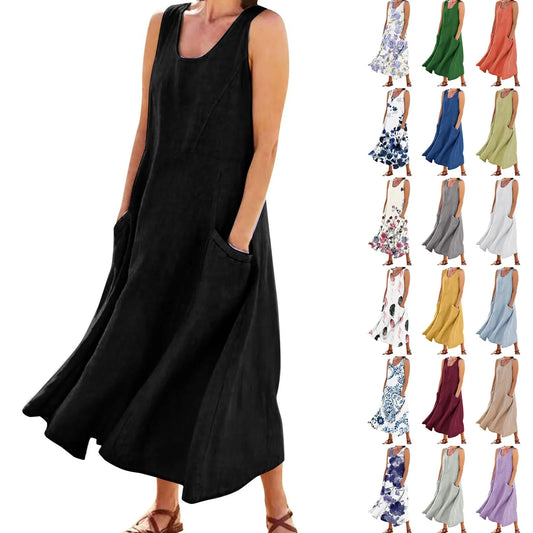 Going Fast! 15 Colors in Sizes to 5XL!  Vintage Boho Cotton Linen, Solid Colors, Sleeveless, Pockets, Loose Tank Dress