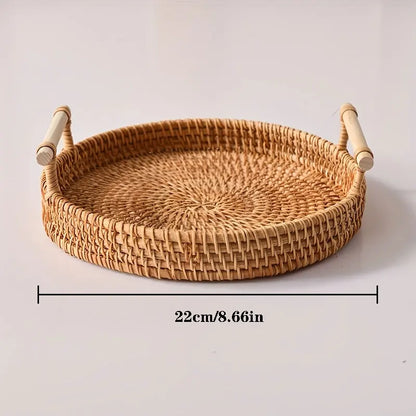 Handwoven Rattan Tray & Food Presentation Basket | Eco-Friendly Kitchen Organizer with Handles