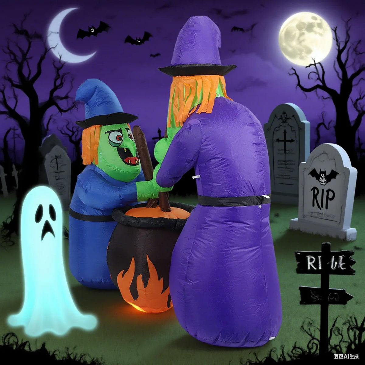 Two 5Ft Halloween Inflatable Witches and Cauldron with Built-in LEDs