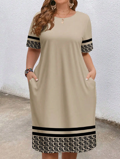 Sizes to 5XL, short-sleeved, round-neck, geometric ethnic borders, loose fit with pockets