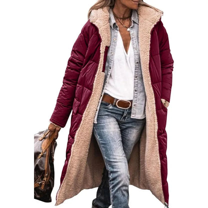 Reversible Sherpa Fleece, Long, Hooded Puffer Coats. Check colors: Brown, Green, Black, Burgundy, Light Gray