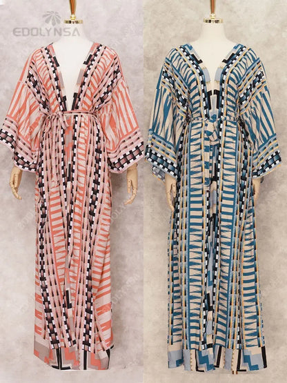 Bohemian Printed Cover-ups Elegant Belted Kimono Plus Size