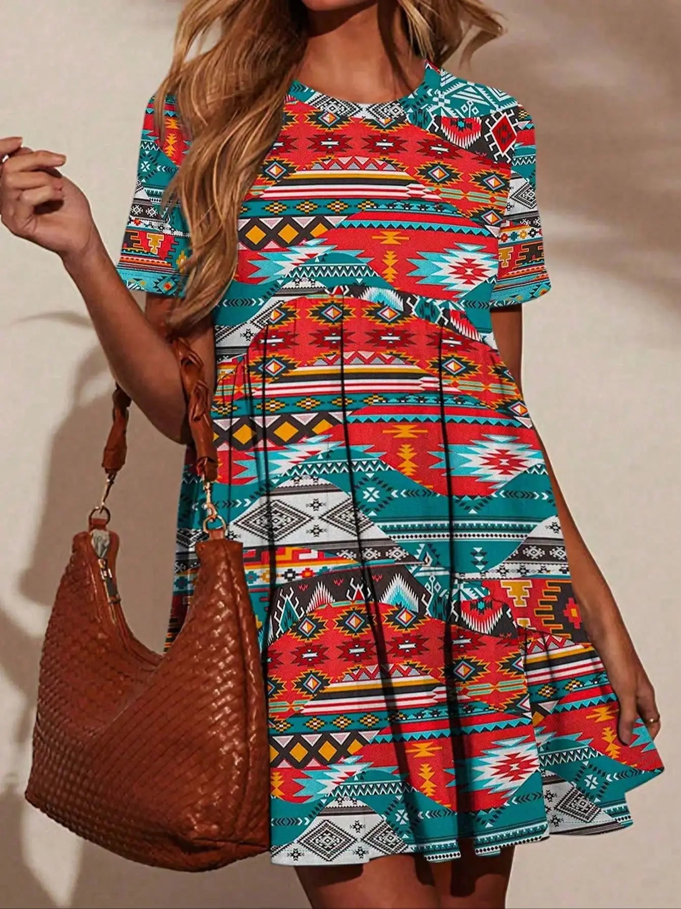 Short-Sleeve Round Neck Short Dress or Long Top Retro Ethnic Style