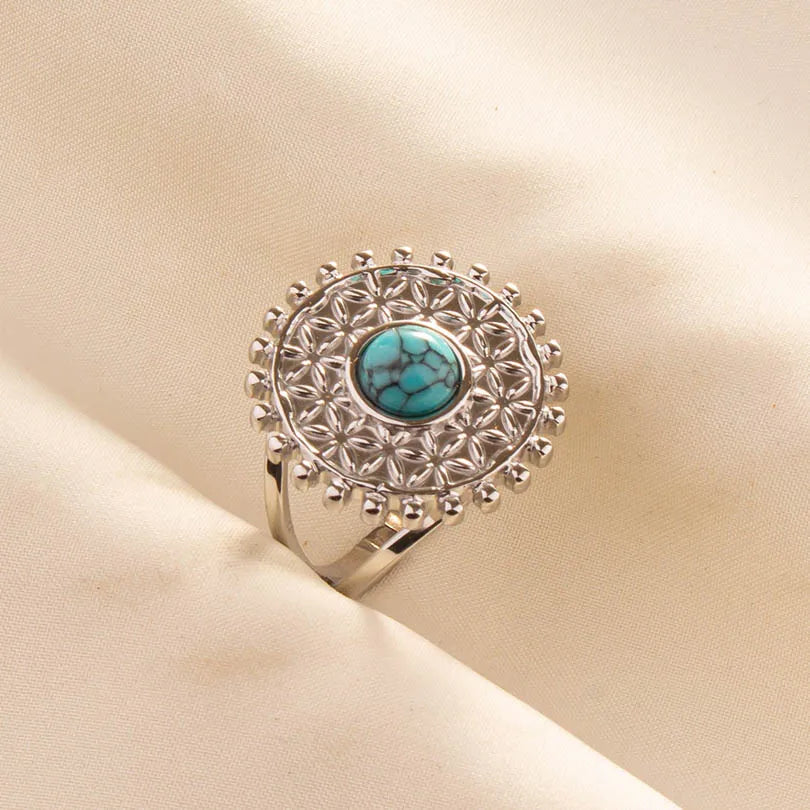 1pc Boho Turquoise Ring Stainless Steel Light Blue Gemstone Silver Adjustable Ring