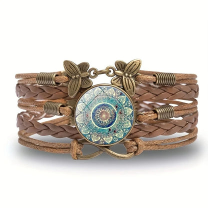 Vintage Mandala Flower Glass Dome Wrap Bracelet Multilayer Woven Leather Bracelets