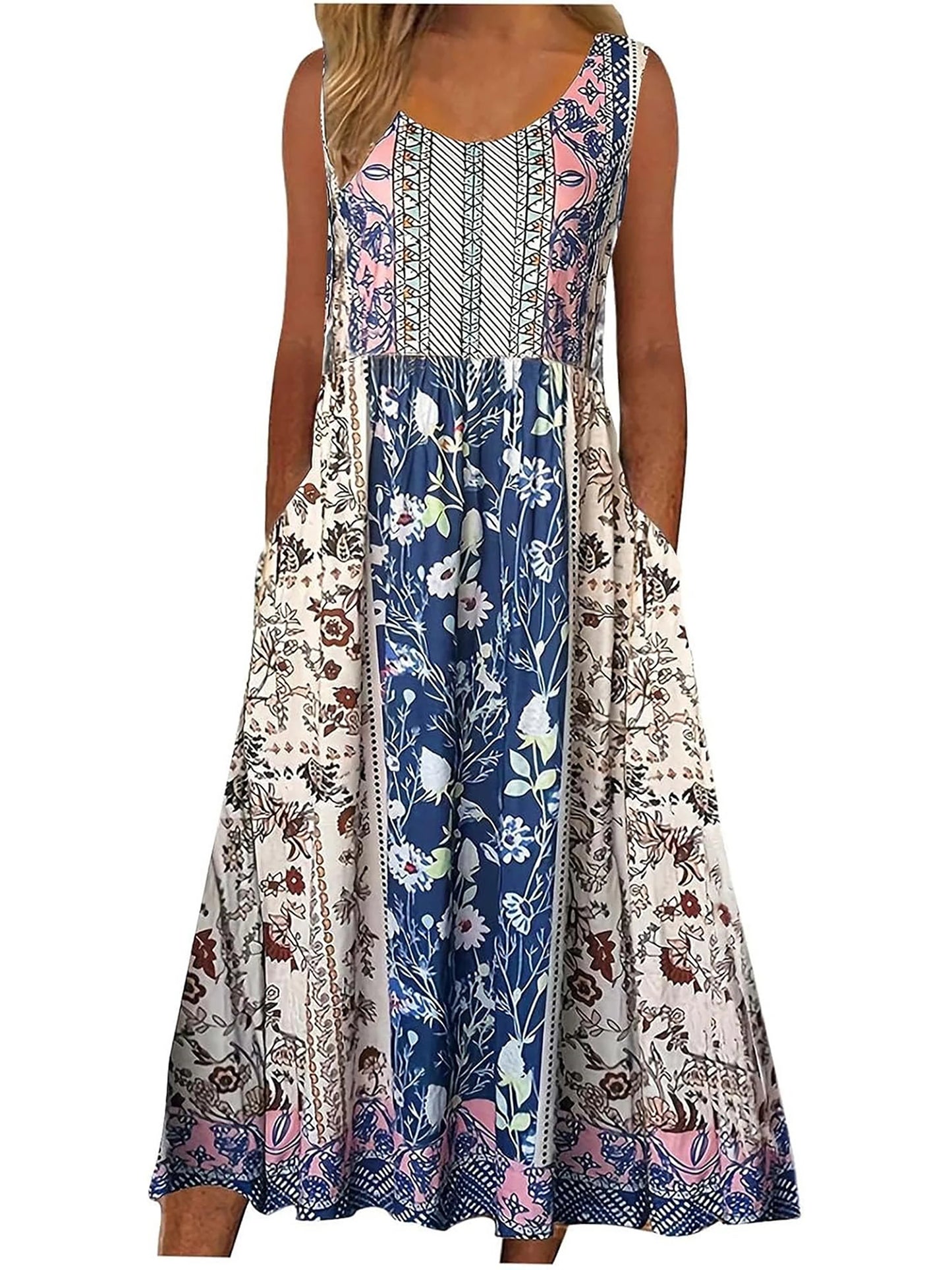 Sleeveless Boho floral casual  Midi length sundress with pockets and flowing loose Skirt. 7 Different patterns Up to 2XL