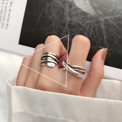 Sterling Silver Rings INS Fashion Vintage Hollow Lines  Adjustable  Jewelry