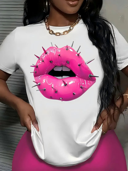 Sizes to 3XL Women's Rock and Roll Steel Nail Lips T-Shirt Casual Crew Neck Short Sleeve
