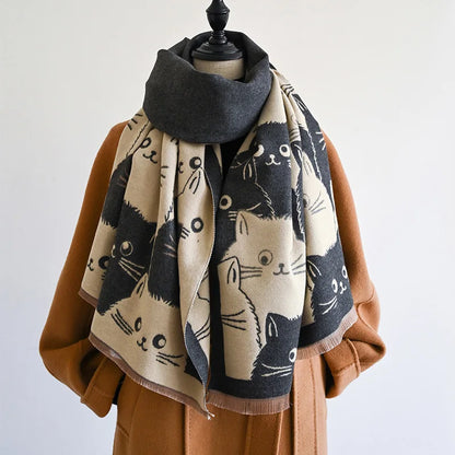 Cute Cat Ladies' Jacquard Pashmina Cashmere Scarf Thick Warm