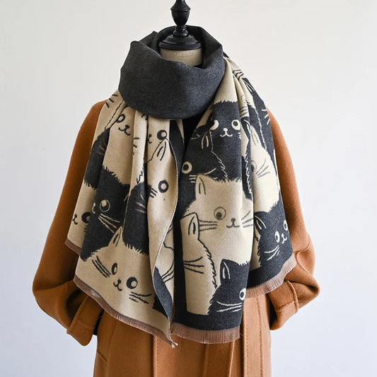 Cute Cat Ladies' Jacquard Pashmina Cashmere Scarf Thick Warm