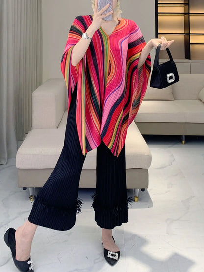 Pleated Striped Shawl, Fashionable Striped, Casual Outerwear, Versatile, Bat Sleeve Cape