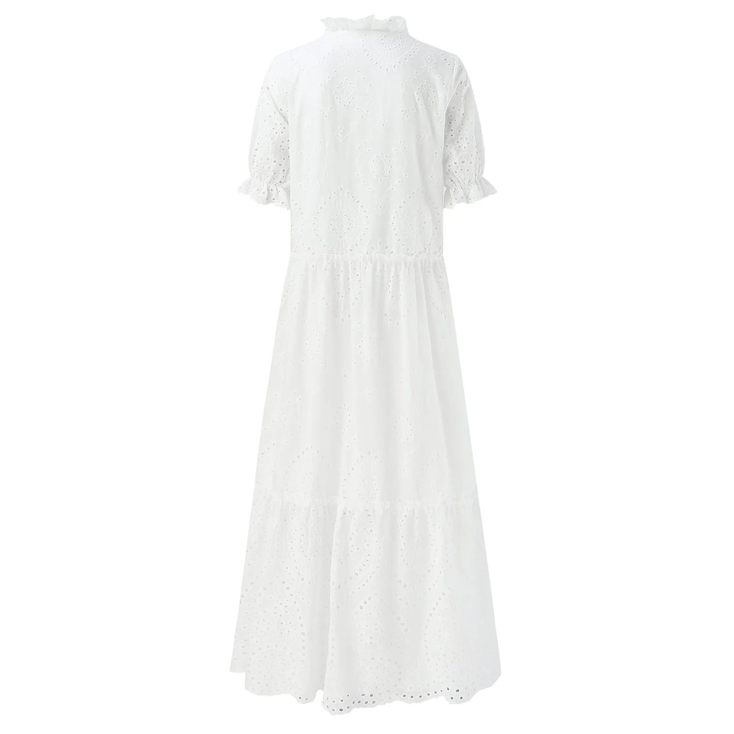 Sizes to 2XL, Bohemian, White Cotton Casual Dress, Loose, Tatting on Dress and Sleeves, V-Neck with Tie Cord