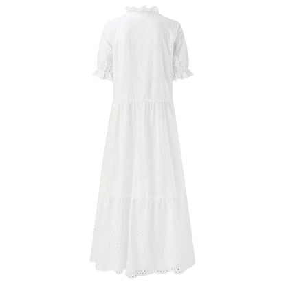 Sizes to 2XL, Bohemian, White Cotton Casual Dress, Loose, Tatting on Dress and Sleeves, V-Neck with Tie Cord