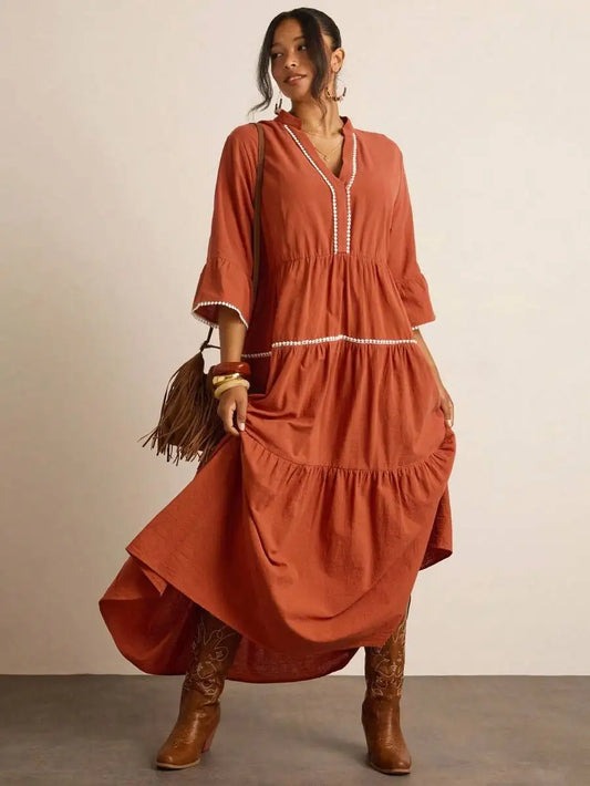 Sizes Up to 4XL.  Boho Tiered Maxi Dress with Mandarine Collar and scoop V Neck, 3/4 sleeves Loose Fit   12 different patterns