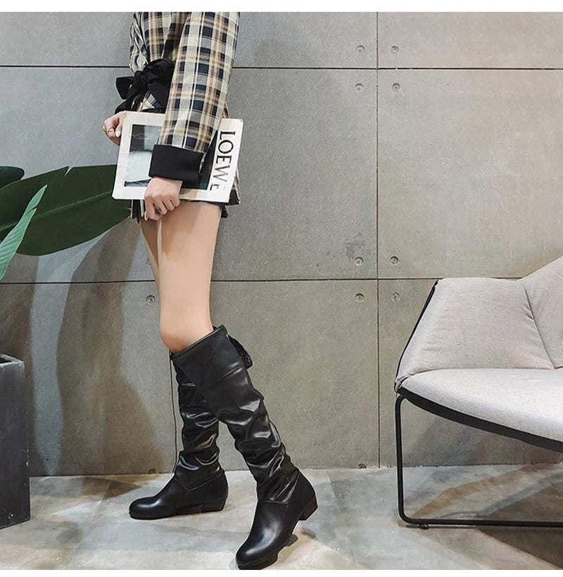 Knee High Boots, in Red, Black, and White, Tall Boots with Low Heel