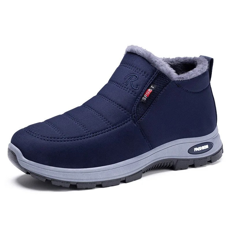 Waterproof Plush, Warm Ankle Snow Boots in Red, Black, Blue, Green, and Tan.