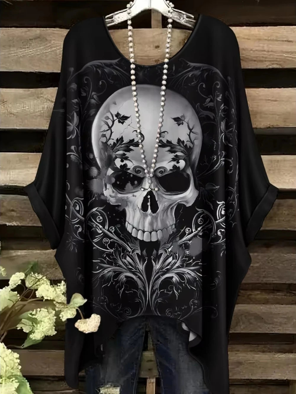 Sizes to 3XL Bohemian Skull Print Loose T-shirt Irregular Hemline O-Neck Short Sleeved Oversize Various designs