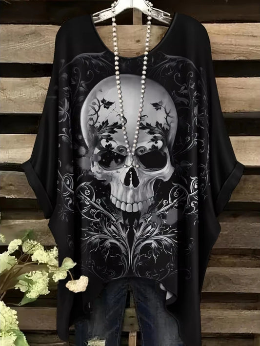 Sizes to 3XL Bohemian Skull Print Loose T-shirt Irregular Hemline O-Neck Short Sleeved Oversize Various designs