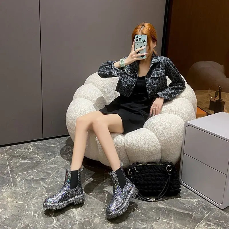 Shiney Ankle Rain Boots Wearable 4 Seasons Waterproof