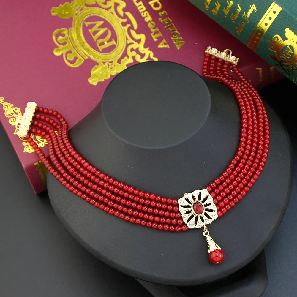 Beaded Choker Necklace Moroccan Square Metal Pendant