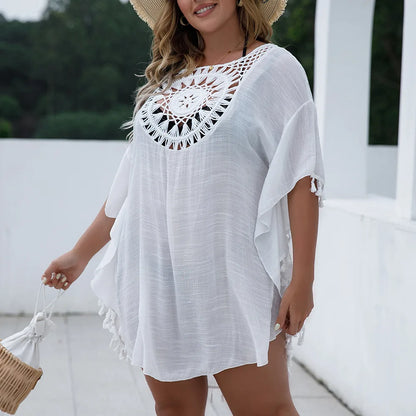 To 3XL CROCHET BIKINI-Plus Size Beach Tunic for Women, Swimwear, Sun Protection Clothes, Cover Up Swim Dress