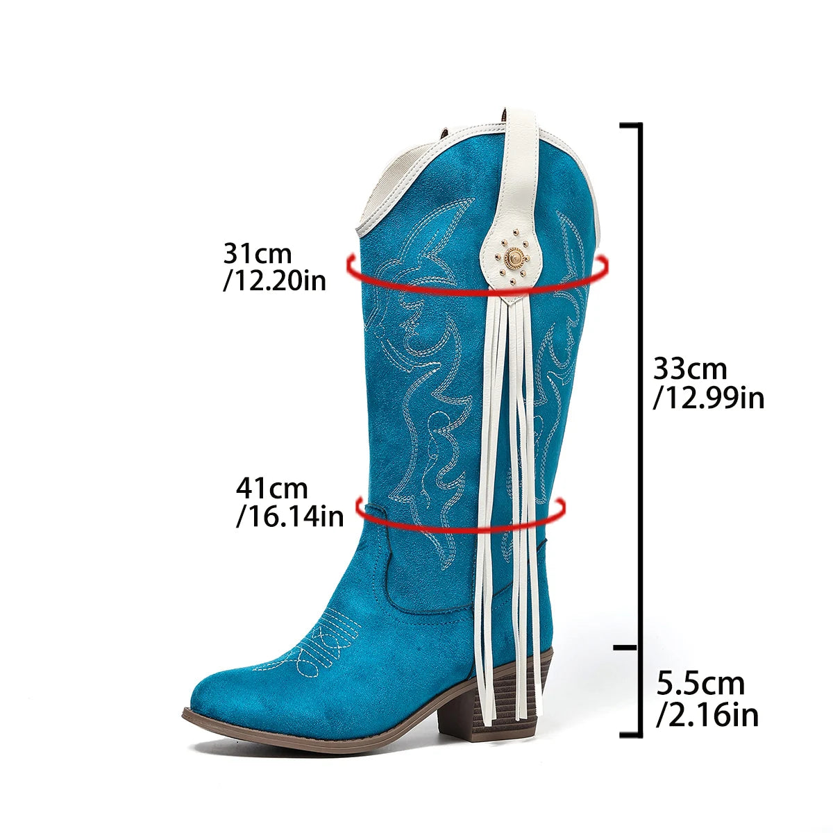Pointed-Toe Chunky Heel Western High Boots in Lake Blue with Embroidery, White Tassels, and Rivets, Selling Fast