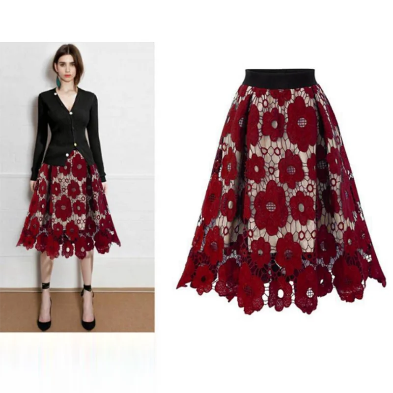Sizes to 4XL, Lace Overlay, Vintage Mesh Plus Size Skirt with Elastic Waist A-Line Midi